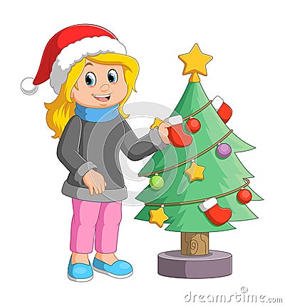 Cartoon girl decorating a Christmas tree with balls Vector Illustration