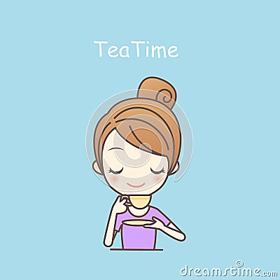 Cartoon girl drink tea Vector Illustration