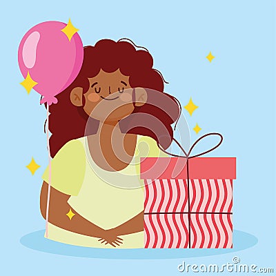 Cartoon girl gift box balloon stars celebration Vector Illustration