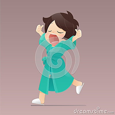 Cartoon girl in a green robe walking and yawning Vector Illustration