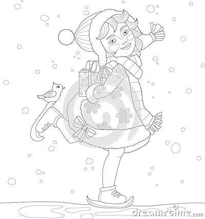 Cartoon girl in hat and scarf with present and bird in snow sketch template Vector Illustration