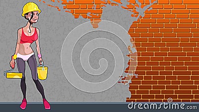 Cartoon girl worker against an unpainted wall background Vector Illustration