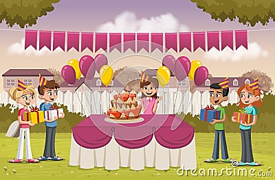 Cartoon girl with her friends at a birthday party in the backyard of a colorful house. Vector Illustration