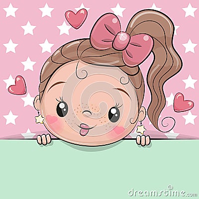 Cartoon girl is holding a placard on a stars background Vector Illustration