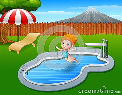 Cartoon girl jumping in swimming pool Vector Illustration