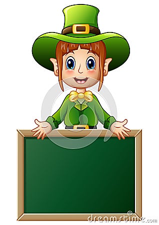 Cartoon girl Leprechaun presenting with chalkboard sign Vector Illustration