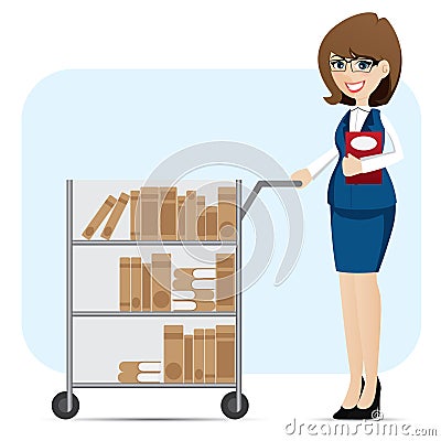 Cartoon girl librarian with book trolley Vector Illustration