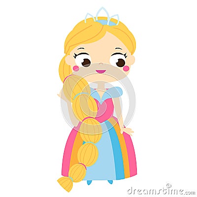 Cartoon girl with long hair in beautiful dress and crown diadem. Cute princess Vector Illustration