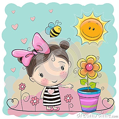 Cartoon Girl on the meadow with flowers Vector Illustration