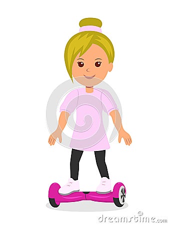 cartoon girl on the modern self-balancing electric scooter . The concept of the modern walking outdoors Vector Illustration