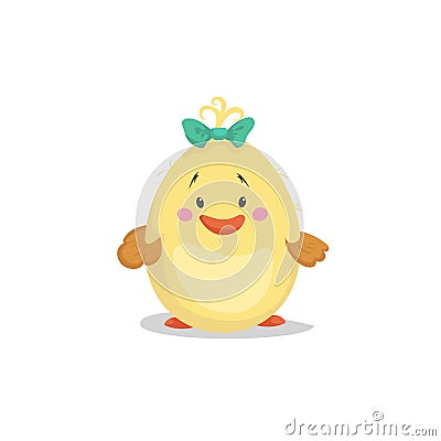 Cartoon girl new born chick with green bow. Easter, spring and new born baby vector illustration. Vector Illustration