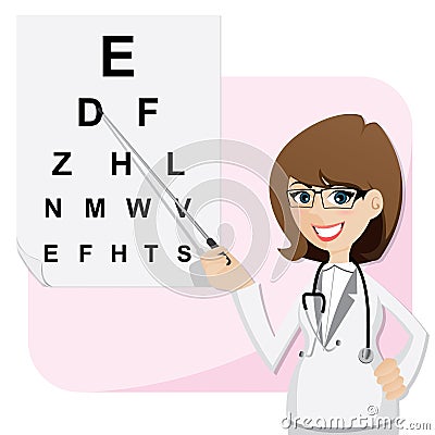 Cartoon girl ophthalmologist with chart testing eyesight Vector Illustration