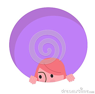 Cartoon girl peeking out shyly, purple circle background. Childlike curiosity and cute playful character vector Cartoon Illustration