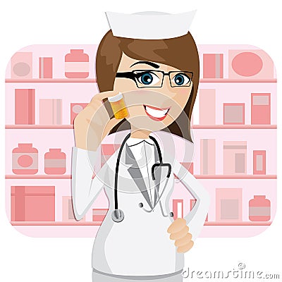 Cartoon girl pharmacist showing medicine bottle Vector Illustration