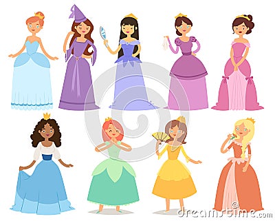 Cartoon girl princess characters different fairy-tale clothes dress cute adorble girls vector illustration. Vector Illustration