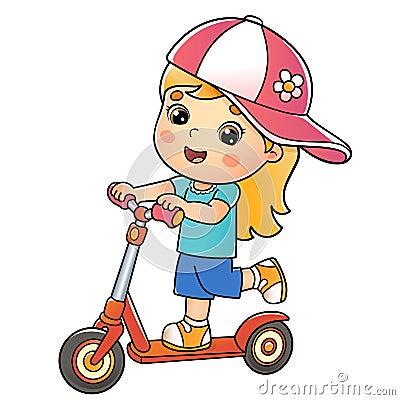 Cartoon girl on the scooter. Summer activity. Colorful vector illustration for kids Vector Illustration