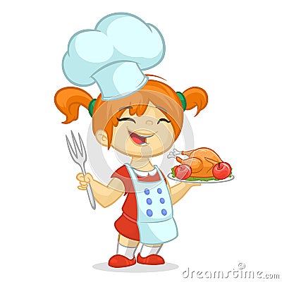 Cartoon girl serving roasted thanksgiving turkey dish. Thanksgiving design Vector Illustration