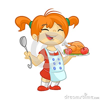 Cartoon girl serving roasted thanksgiving turkey dish. Thanksgiving design. Vector Illustration