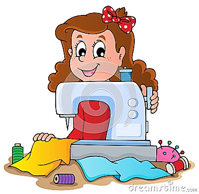 Cartoon girl with sewing machine Vector Illustration