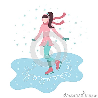 Cartoon girl skates on ice in the street, snow is falling. Vector Illustration