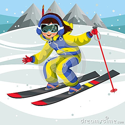 Cartoon girl skiing fast from snowy hill Vector Illustration