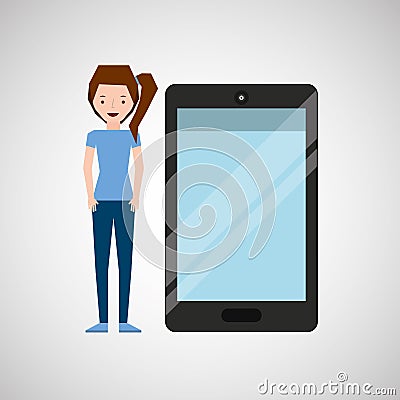 Cartoon girl and smart phone touchscreen Vector Illustration