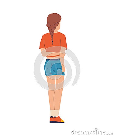 Cartoon girl standing with her back. Young woman in casual jeans shorts and T-shirt. Isolated teenager holding hands Vector Illustration