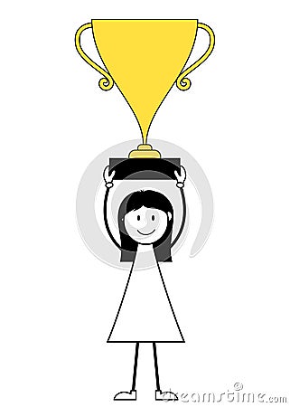 Cartoon girl stick figure holding golden trophy Vector Illustration