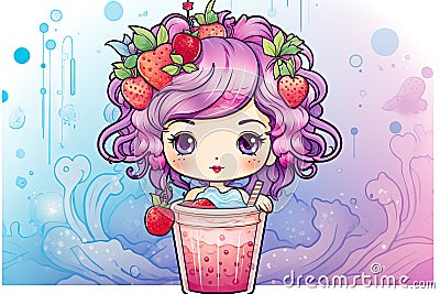 a cartoon girl with a strawberry crown sitting in a cup. generative ai Stock Photo
