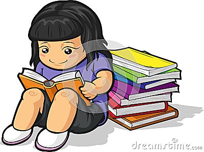 Cartoon of Girl Student Studying & Reading Book Vector Illustration