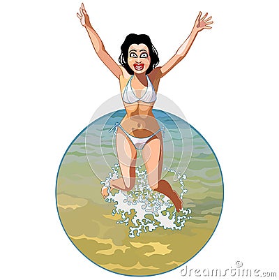 Cartoon girl in a swimsuit joyously jumping in the water Vector Illustration