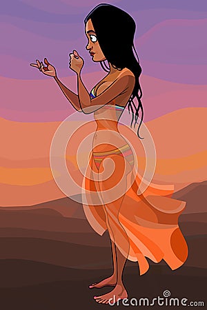 Cartoon girl in a swimsuit and pareo stands on a sunset background Vector Illustration