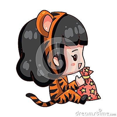 Cartoon girl in tiger costume for new year 2022. Vector Illustration