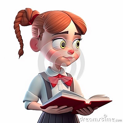 Cartoon girl with vibrant red hair is deeply engrossed in reading book. She stands, Cartoon Illustration