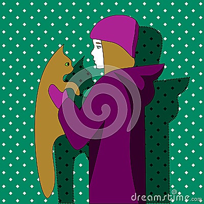 Cartoon girl in warm violet clothes holding kitten with same hair color Vector Illustration