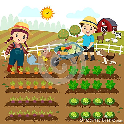 Cartoon of girl watering vegetable plants and boy pushing the wheelbarrow of vegetables on the farm Vector Illustration