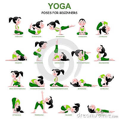 Cartoon girl in Yoga poses with titles for beginners isolated on Vector Illustration