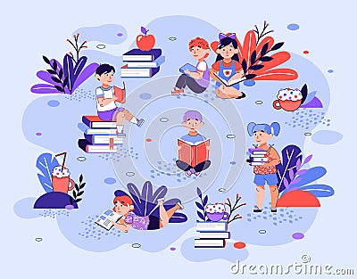 Cartoon girls and boys reading books in summer park Vector Illustration