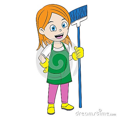 Cartoon girls clean the house using a broom Vector Illustration