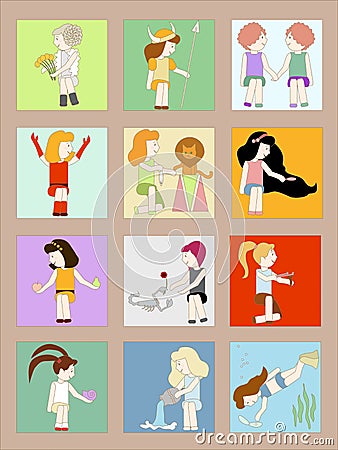 Cartoon girls horoscope signs Vector Illustration