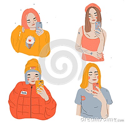 Cartoon girls making selfie with smart phone. Collection of Modern young females with phone Stock Photo