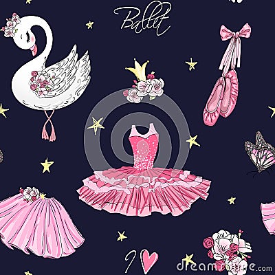 Cartoon girls seamless pattern with hand drawn ballet pointe shoes, tutu, crown, flowers and cute swan. Vector Illustration