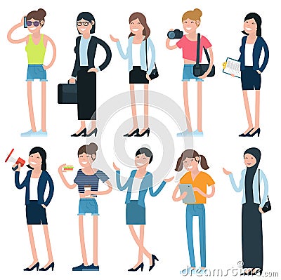 Cartoon girls and women characters and professions. Vector Illustration