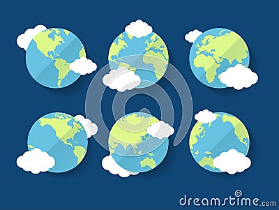 Cartoon Globe Different View Set on a Blue. Vector Vector Illustration