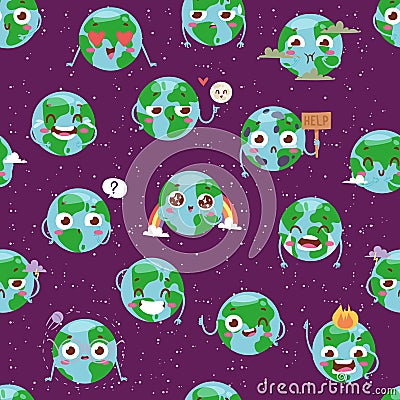 Cartoon globe with emotion web icons green global smile face happy nature character expression and ecology earth planet Vector Illustration