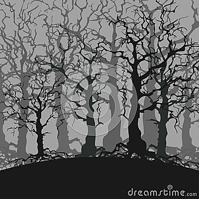 Cartoon gloomy forest background of trees without leaves Vector Illustration