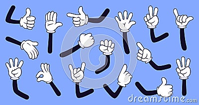 Cartoon gloved arms. Comic hands in gloves, retro doodle arms with different gestures vector isolated illustration icons Vector Illustration