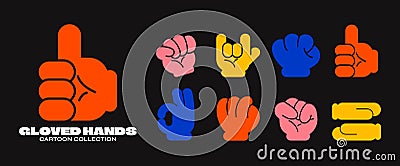 Cartoon gloved hands. Set of hand signs and symbols. Stickers in retro style. Vector Illustration