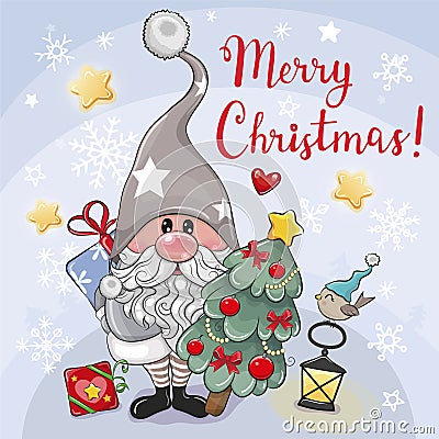 Cartoon Gnome with christmas tree on a blue background Vector Illustration