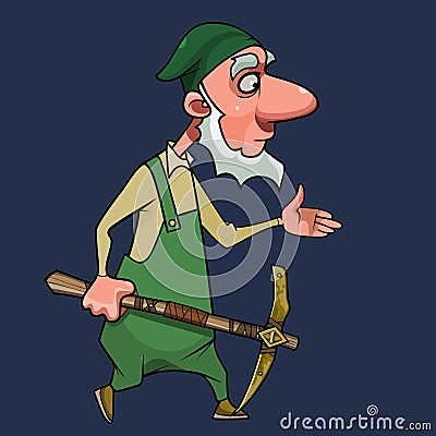 Cartoon gnome in green clothes walks with a pickaxe in his hand Vector Illustration